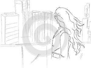 Woman looking at skyline in a big city vector line art. Storyboard rooftop business constructions