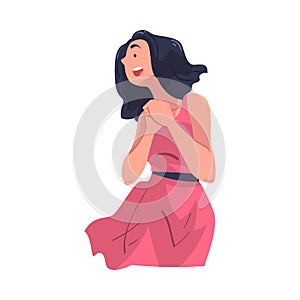 Woman Looking at Something Interesting Clenching Hands Together Vector Illustration