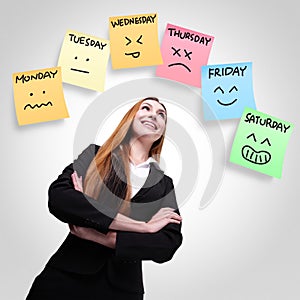 Woman looking stickers with week of face expression