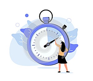 Woman looking at stopwatch and counting seconds. Concept of marketing project launch optimization, perfect timing, time.