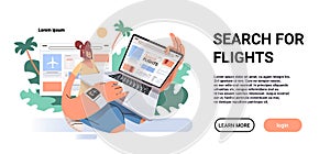woman looking ticket for travel in flight search application on laptop screen girl traveler booking tickets for
