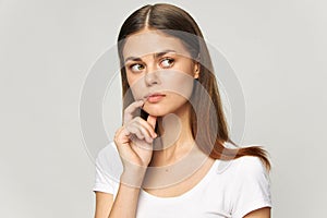 Woman looking to the side puzzled look face sleeves