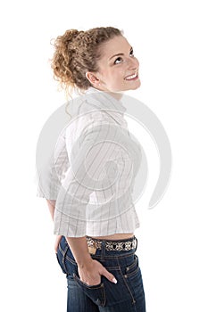 Woman looking upwards - woman isolated on white background