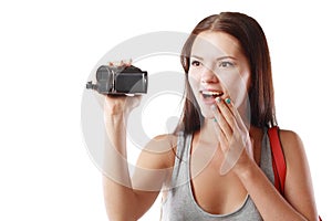 Woman looking at videocamera