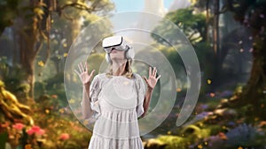 Woman looking by VR glasses surrounded wonderful fairytale forest. Contraption.