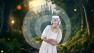 Woman looking VR surround fairytale forest at castle bokeh falling. Contraption.