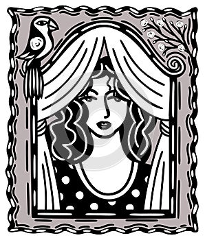 Woman looking on window. razilian northeast woodcut illustration. Cordel style photo