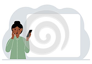 A woman looks at a mobile phone. Reads SMS, news or social networks. Large white sheet for text.