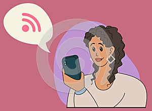 Woman looks into the phone. Girl connected to wi-fi through the phone. Vector illustration