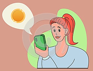 Woman looks into the phone. Girl got notification of crediting money to the account. Online bank. Vector illustration