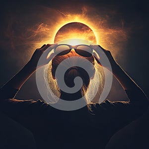 woman looks at a solar eclipse through sunglasses