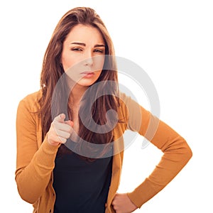 Woman looks to camera and shows finger on you