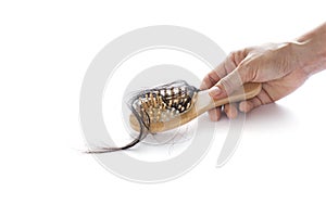 Woman losing hair on hairbrush in hand on isolated white background