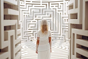 Woman lost in labyrinth. Troubled woman finding way out, Confused mind, problem of searching the way, thinking, finding the maze