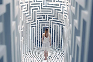 Woman lost in labyrinth. Troubled woman finding way out, Confused mind, problem of searching the way, thinking, finding the maze