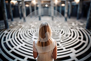 Woman lost in labyrinth. Troubled woman finding way out, Confused mind, problem of searching the way, thinking, finding the maze