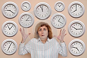 Woman with a lot of clocks