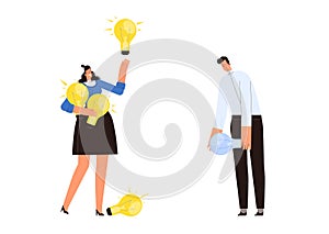 Woman with a lot of ideas and a man who doesn`t have them. The concept of the emergence of business ideas in different