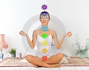 Woman in lotus pose doing yoga with seven chakras