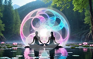 woman in lotus pose practicing meditation in spring forest in magic light cycle