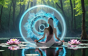 woman in lotus pose practicing meditation in spring forest in magic light cycle