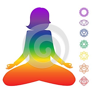 Woman in lotus position with chackra symbols next to her