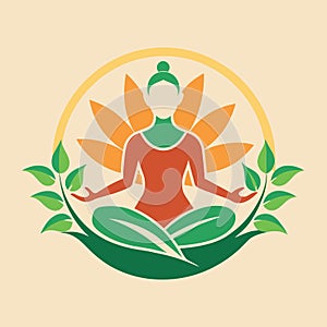 Woman in lotus position with leaves around her in a modern interpretation of interconnectedness, A modern interpretation of the