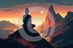 Woman in lotus position on top of the mountain. Trains yoga at sunrise, sunset. Ai generative