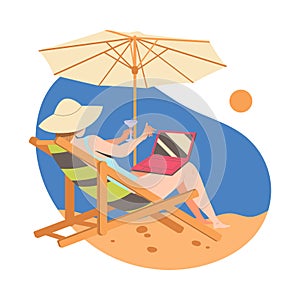 Woman Lounging on Deck Chair with Laptop and Cocktail Under Umbrella on Beach Enjoying Summer Vacation and Seaside Rest