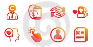 Woman love, Avatar and Face biometrics icons set. Copyrighter, Romantic talk and Touchpoint signs. Vector