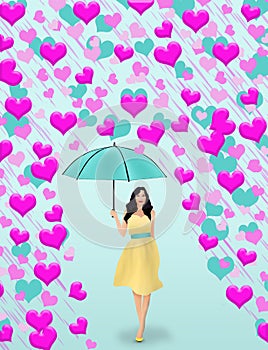 A woman in love walks under an umbrella as hearts of love rain down from the sky