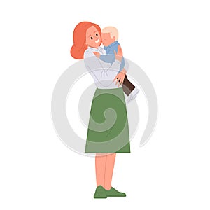 Woman loving mother hugging carrying adorable infant baby on hand enjoying happy motherhood