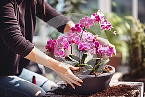 A woman lovingly tends to a blooming purpure phalaenopsis orchid