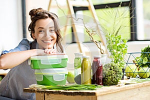 Woman with lunch boxes