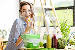 Woman with lunch boxes