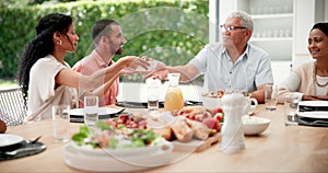 Woman, lunch and giving plate at family home to senior man for food, conversation or festive holiday. People, salad and