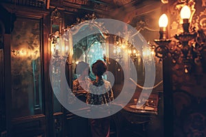 A woman in a luxury vintage style interior hotel, surrounded by ornate mirrors, examining themselves