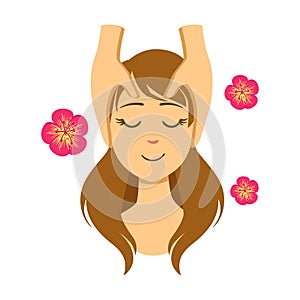 Woman lying on back while massage therapist massaging her face. Colorful cartoon character