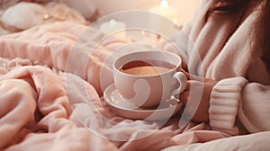 Woman lying in bed with warm blanket in pink colors, holding cup of tea. Natural cold remedies. Banner.