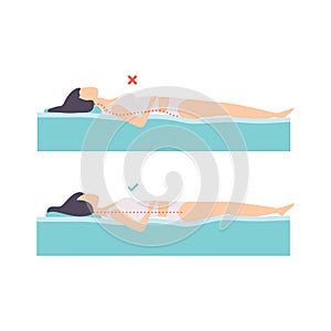 Woman Lying in Correct and Incorrect Sleeping Pose for Neck and Spine Vector Set