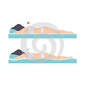 Woman Lying in Correct and Incorrect Sleeping Pose for Neck and Spine Vector Set