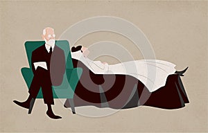 Woman lying on couch and Sigmund Freud sitting in armchair beside her and asking questions. Dialogue between patient and