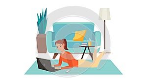 Woman lying on floor and working on laptop from home during corona virus pandemic quarantine in flat icon design