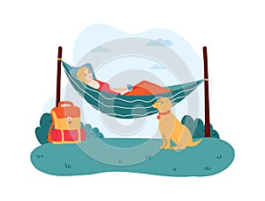 Woman lying in hammock, pet sitting near female character. Girl having rest and drinking cup of hot tea