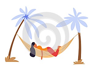 Woman lying in hammock under palms isolated character