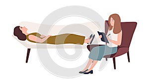 Woman lying on sofa and female psychologist, psychoanalyst or psychotherapist sitting in chair with notebook in hand and