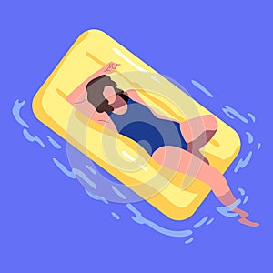 Woman lying, swimming on inflatable rubber mattress in water pool, sunbathing and relaxing. Girl in swimsuit, swimwear