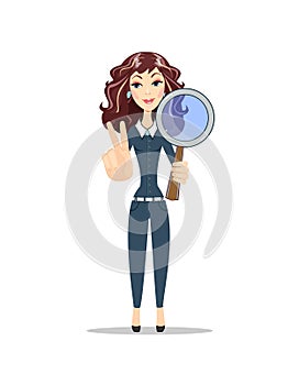 Woman with a magnifying glass.