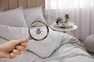 Woman with magnifying glass detecting bed bug in bedroom, closeup