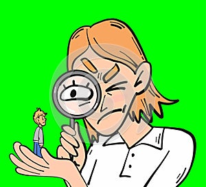 A woman with a magnifying glass looks at the small man on her hand. Jealousy, hr, spying concepts. Cartoon style illustration isol